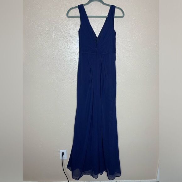 Davids Bridal faux wrap pleated chiffon maxi v neck dress marine navy - Picture 6 of 14